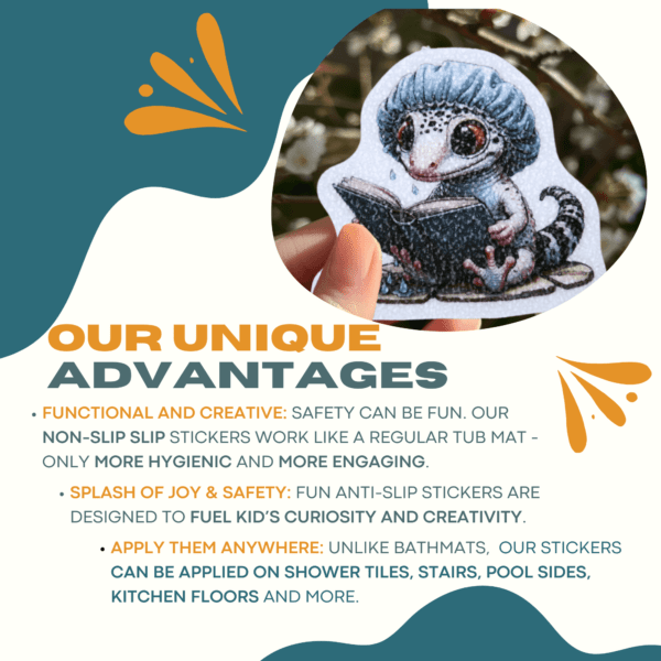 Fun lizard stickers for non-slip bathtub use.