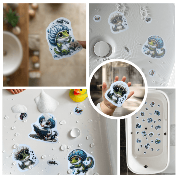 Fun lizard stickers for non-slip bathtub use.