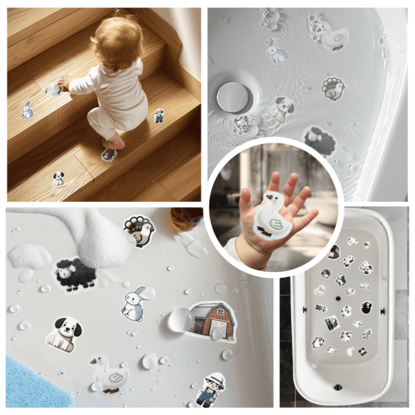 Educational farm animal stickers for slip resistance.
