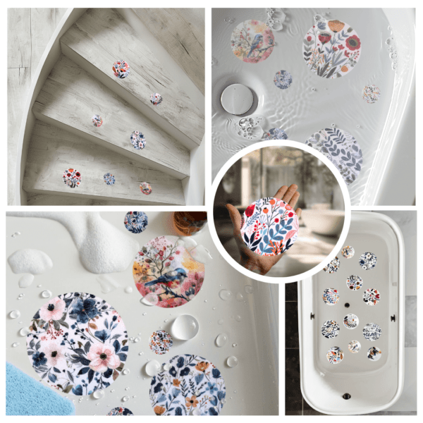 Stylish non-slip decals for bathtub safety.