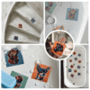 Bright pop art dog decals for bathtub safety.