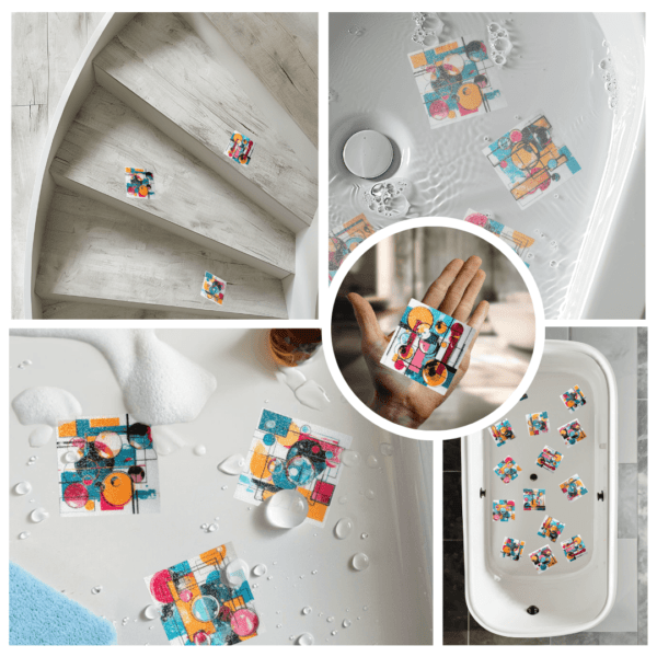 Colorful pop art stickers for anti-slip safety.